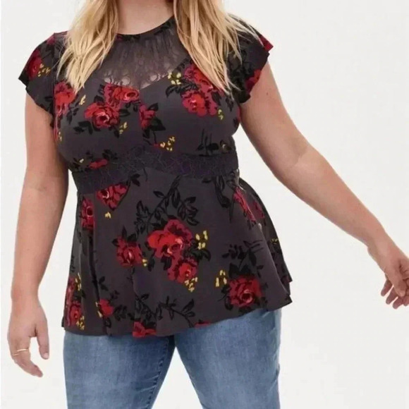 [5/5XL]Torrid Studio Knit Crew Neck Lace Inset Short Sleeve Peplum  Top - Picture 4 of 10